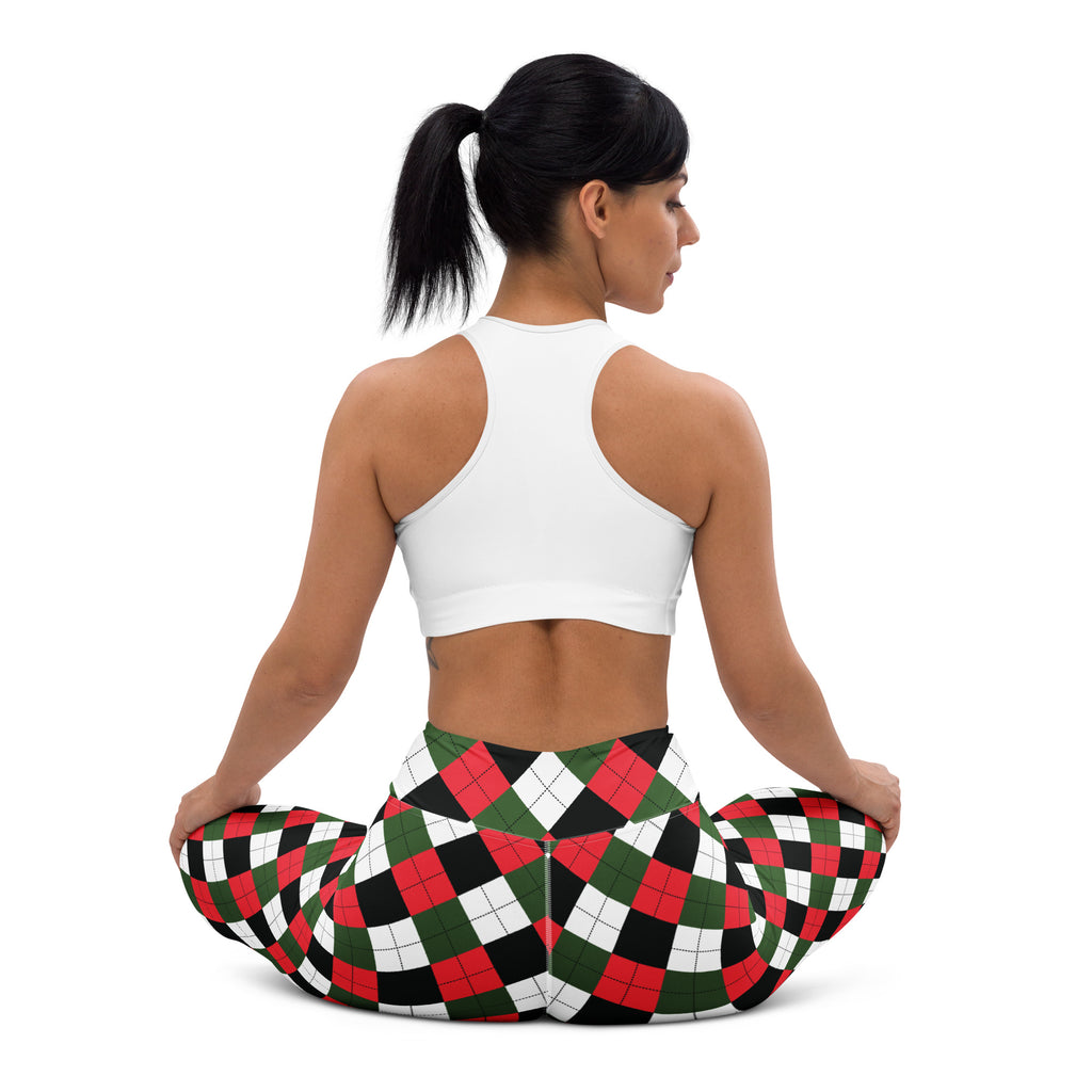 Women’s buttery soft yoga leggings with red green and black argyle pattern perfect for christmas wear