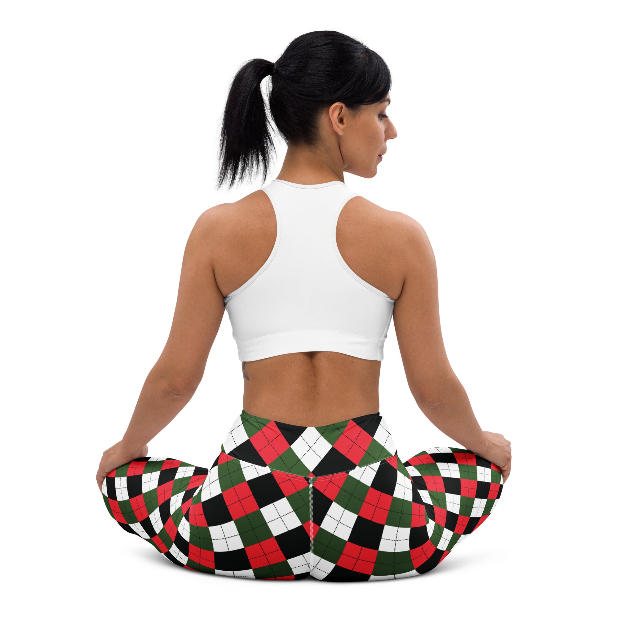 Women’s buttery soft yoga leggings with red green and black argyle pattern perfect for christmas wear