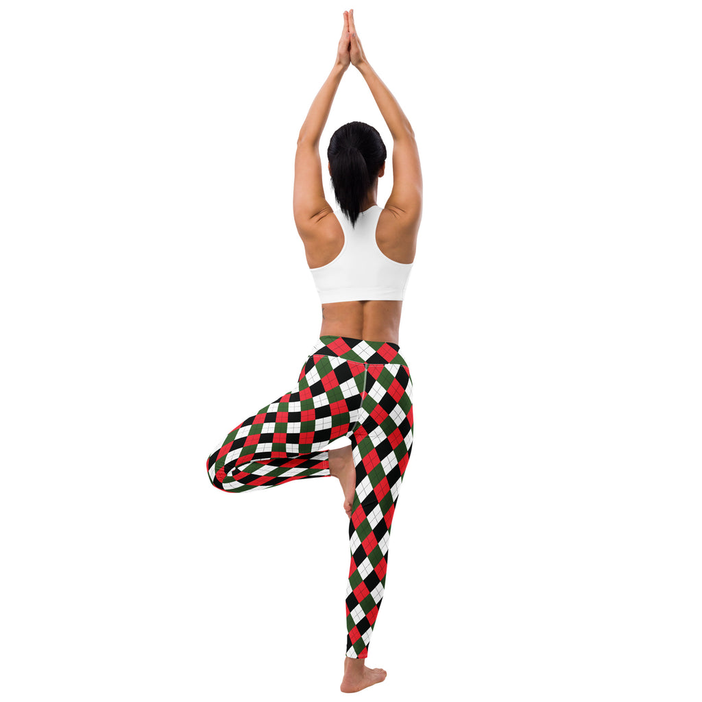 Women’s buttery soft yoga leggings with red green and white argyle pattern perfect for christmas wear