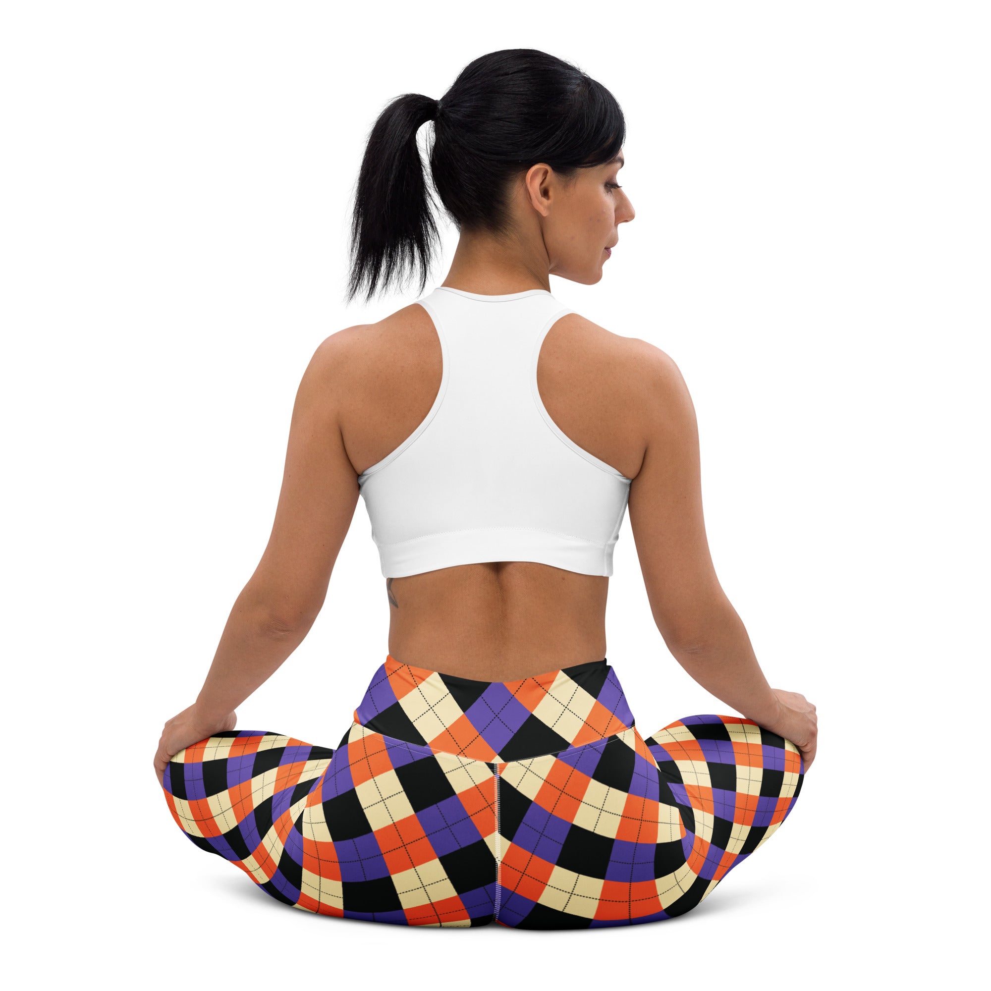 Women’s halloween argyle buttery soft yoga leggings in vibrant orange purple black and cream colors