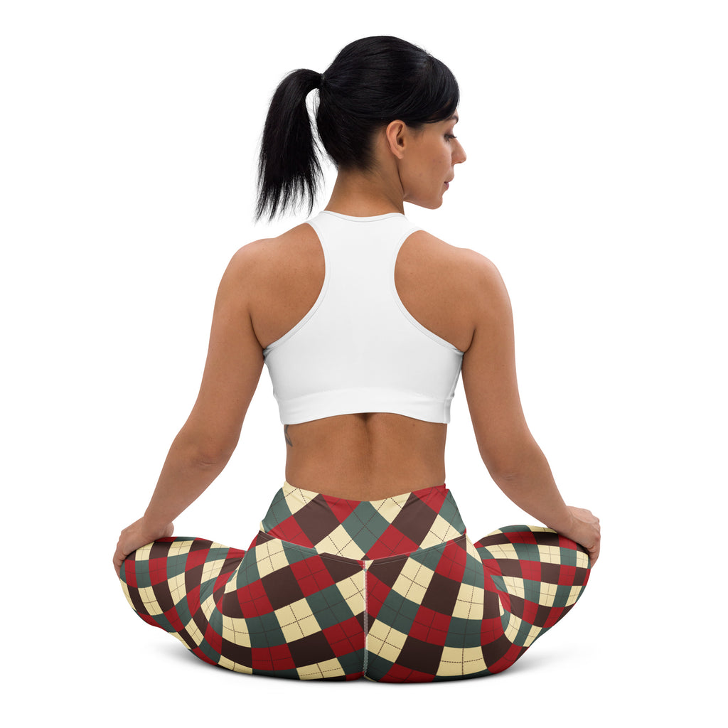 Women’s christmas themed argyle buttery soft yoga leggings in red green and beige tones with festive pattern