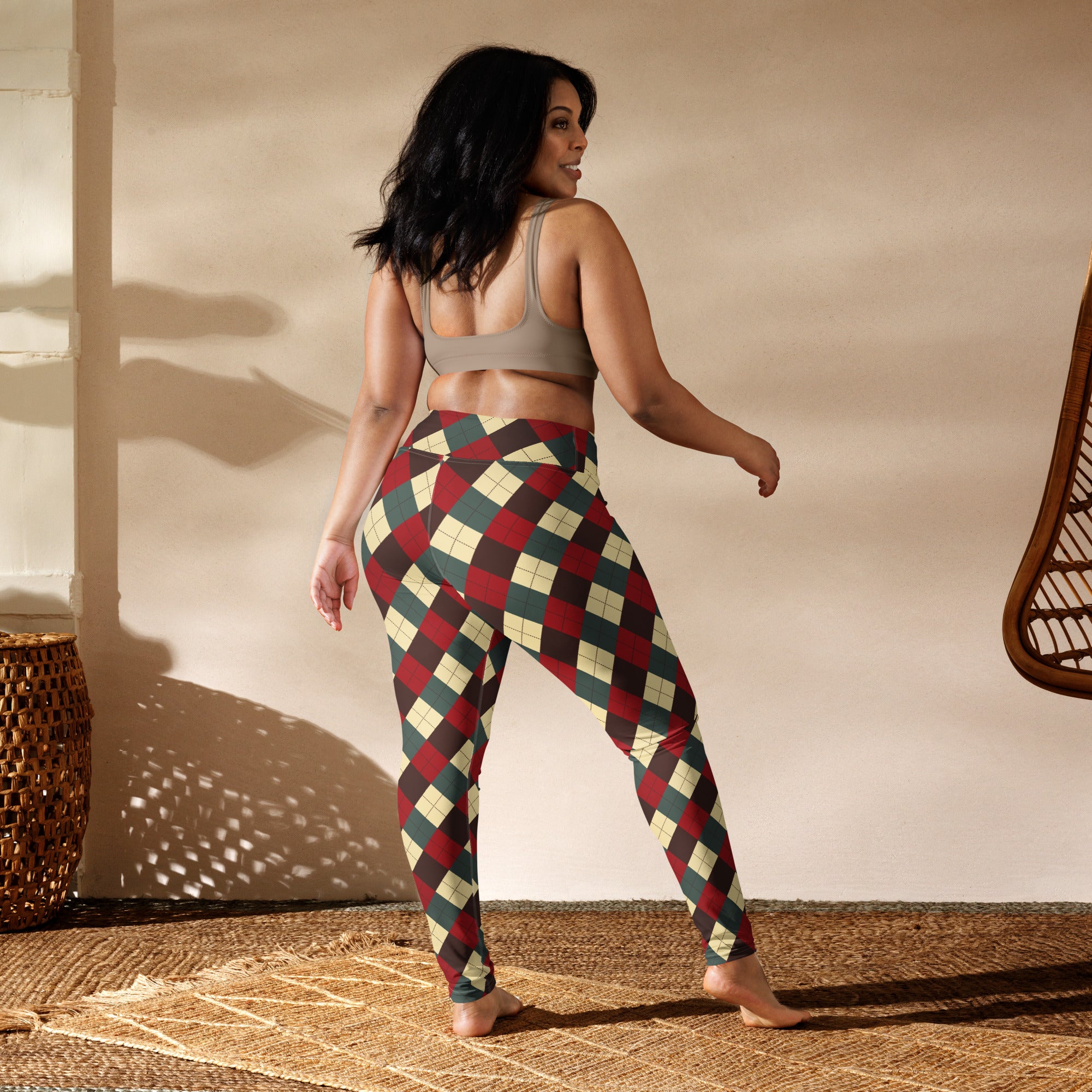 Women’s christmas themed argyle buttery soft yoga leggings in red green and cream with festive pattern