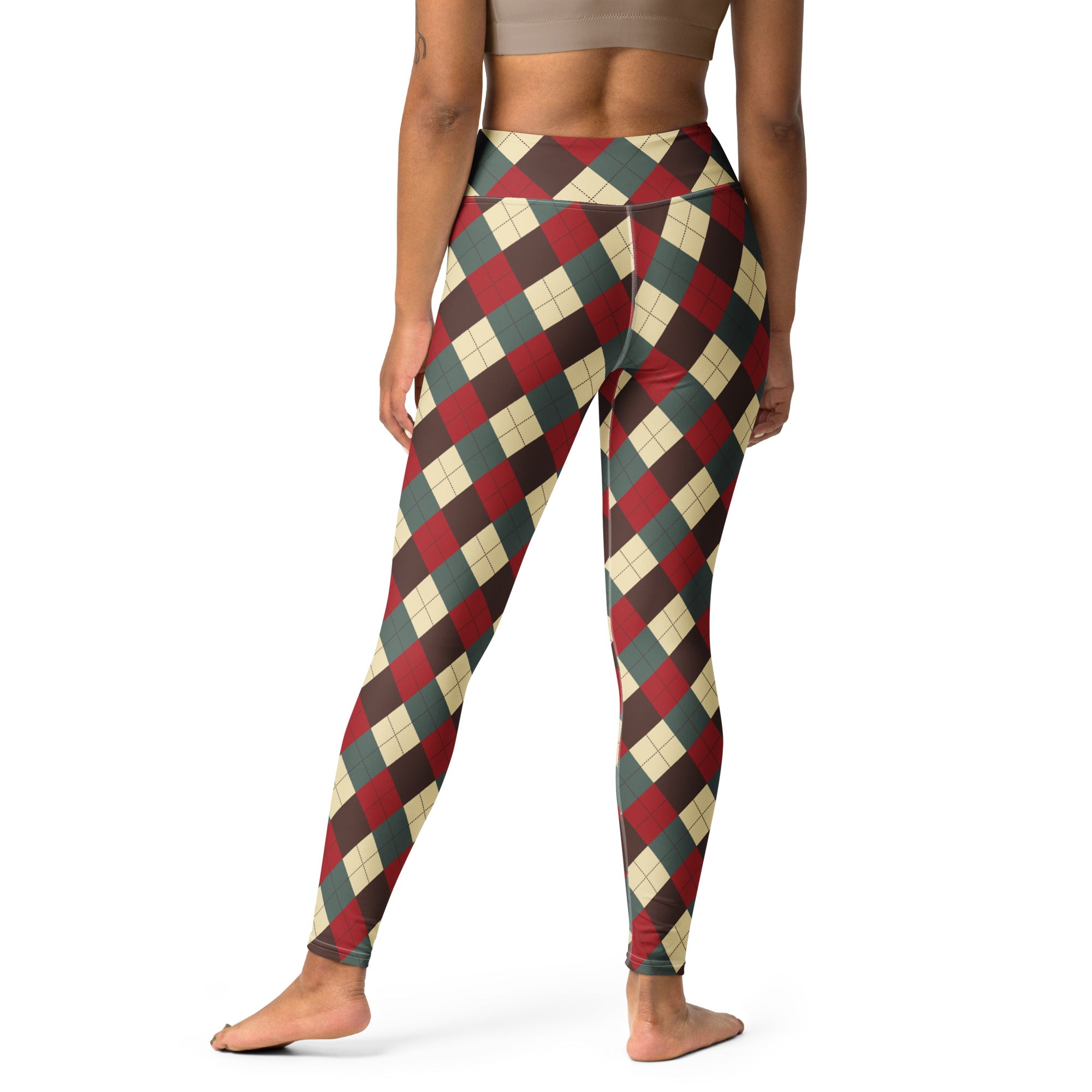 Women’s christmas themed argyle buttery soft high waisted leggings with red green and cream pattern for yoga and casual wear