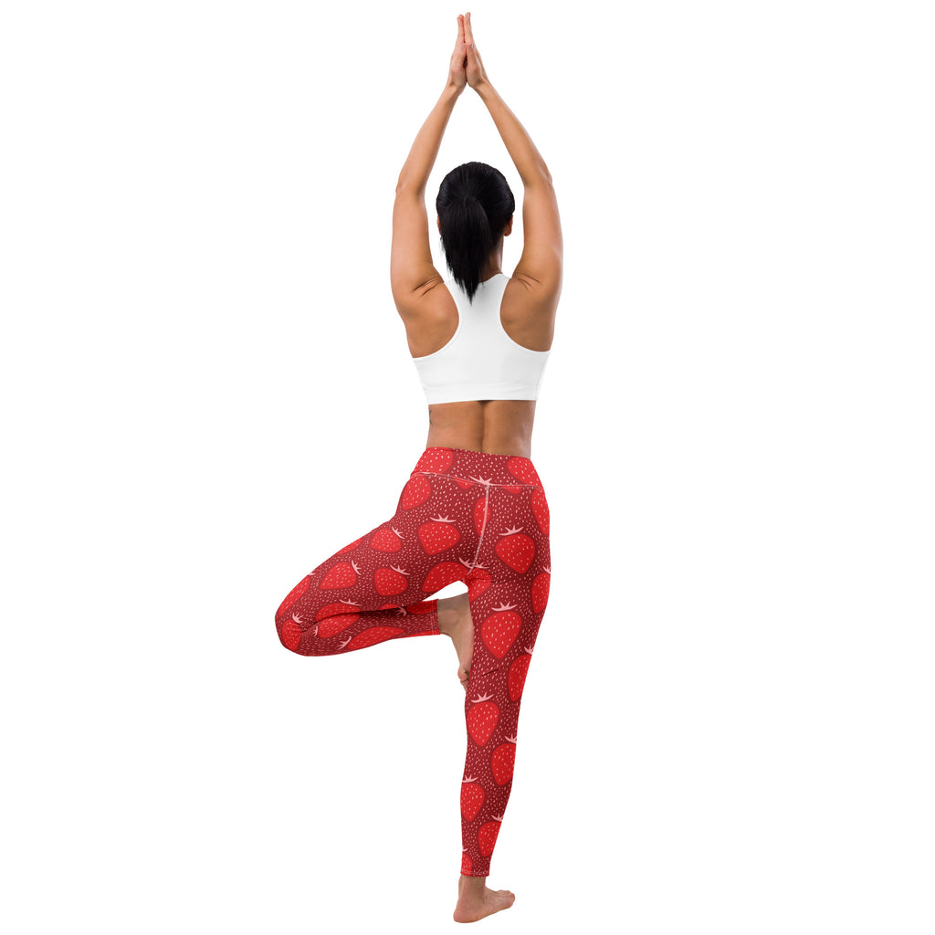 Women’s strawberry buttery soft high-waisted red yoga leggings with strawberry pattern for comfortable workouts