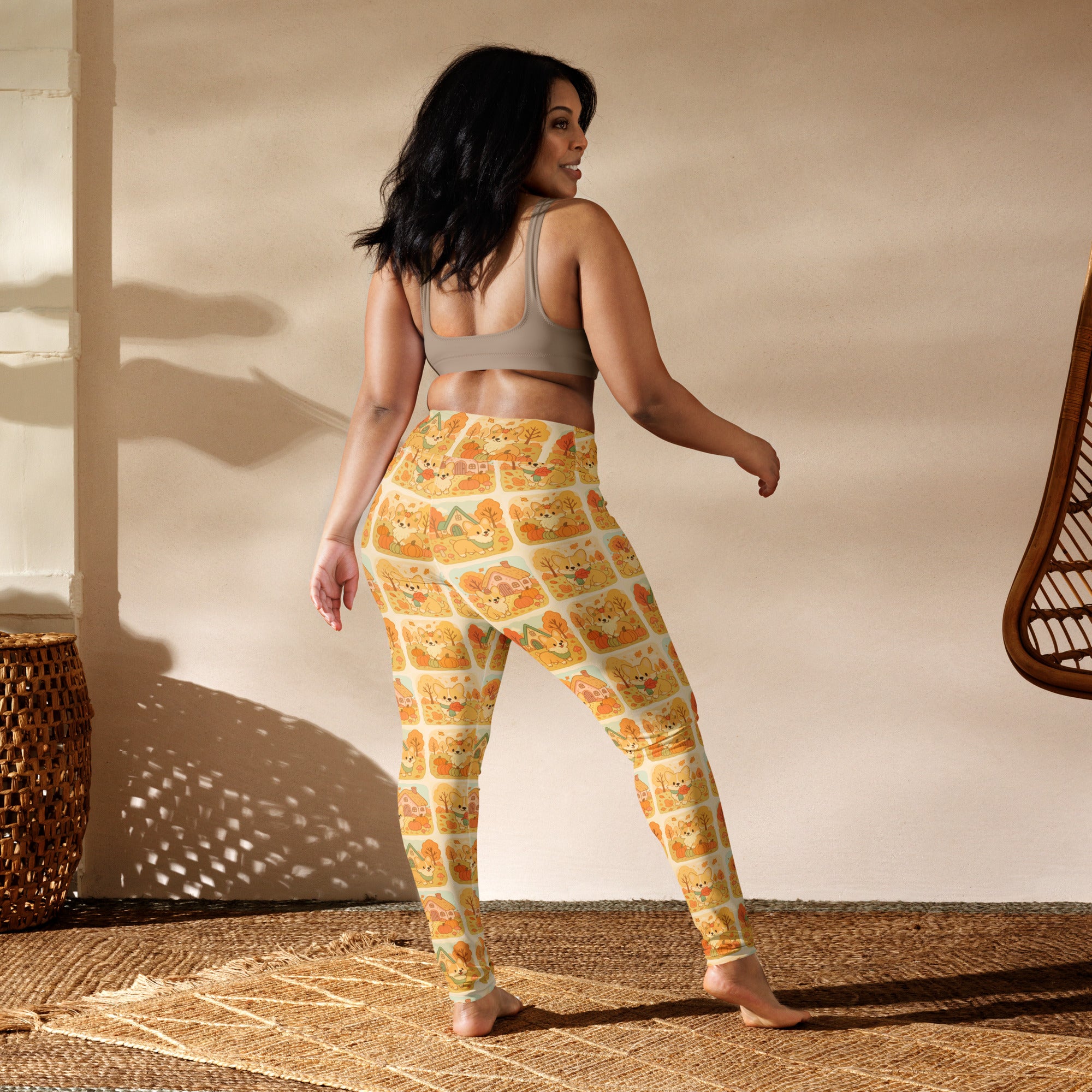 Women’s fall corgi buttery soft yoga leggings with yellow and orange cartoon dog pattern in stretchy fabric