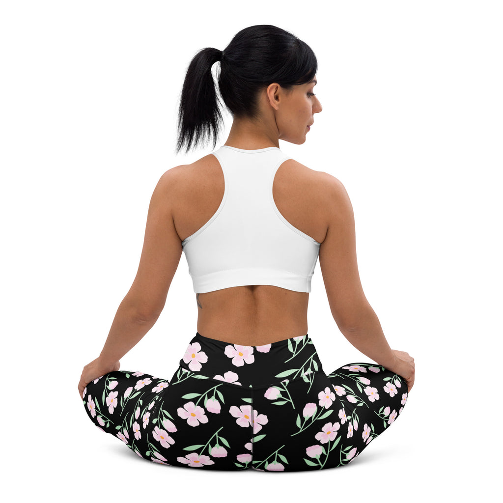 Women’s black floral buttery soft yoga leggings with pink flowers and green stems pattern