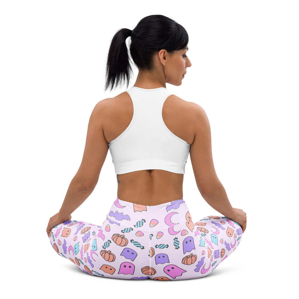 Women’s ghost halloween buttery soft yoga leggings with pastel purple orange and blue playful ghost pumpkin candy pattern