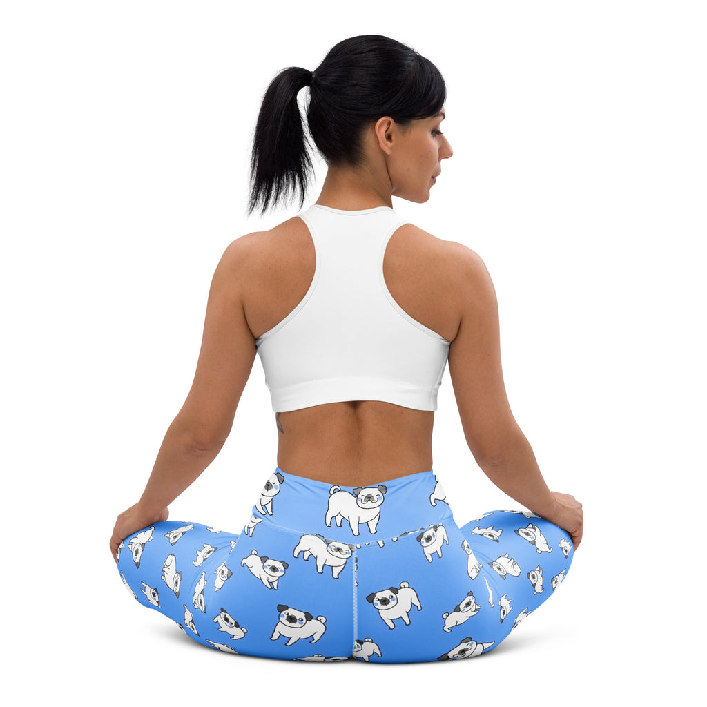 Women’s blue buttery soft yoga leggings with a playful white pug dog pattern