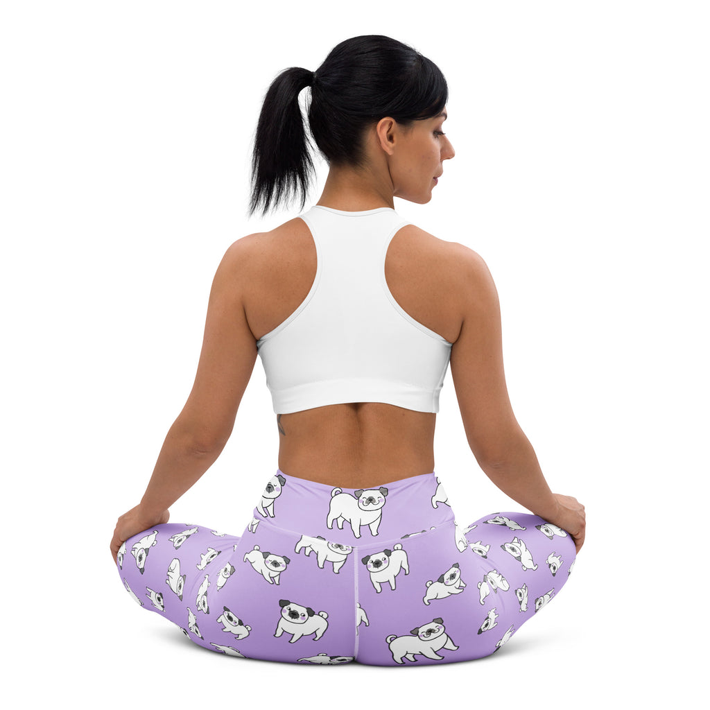 Women’s purple buttery soft yoga leggings with a playful white pug dog pattern