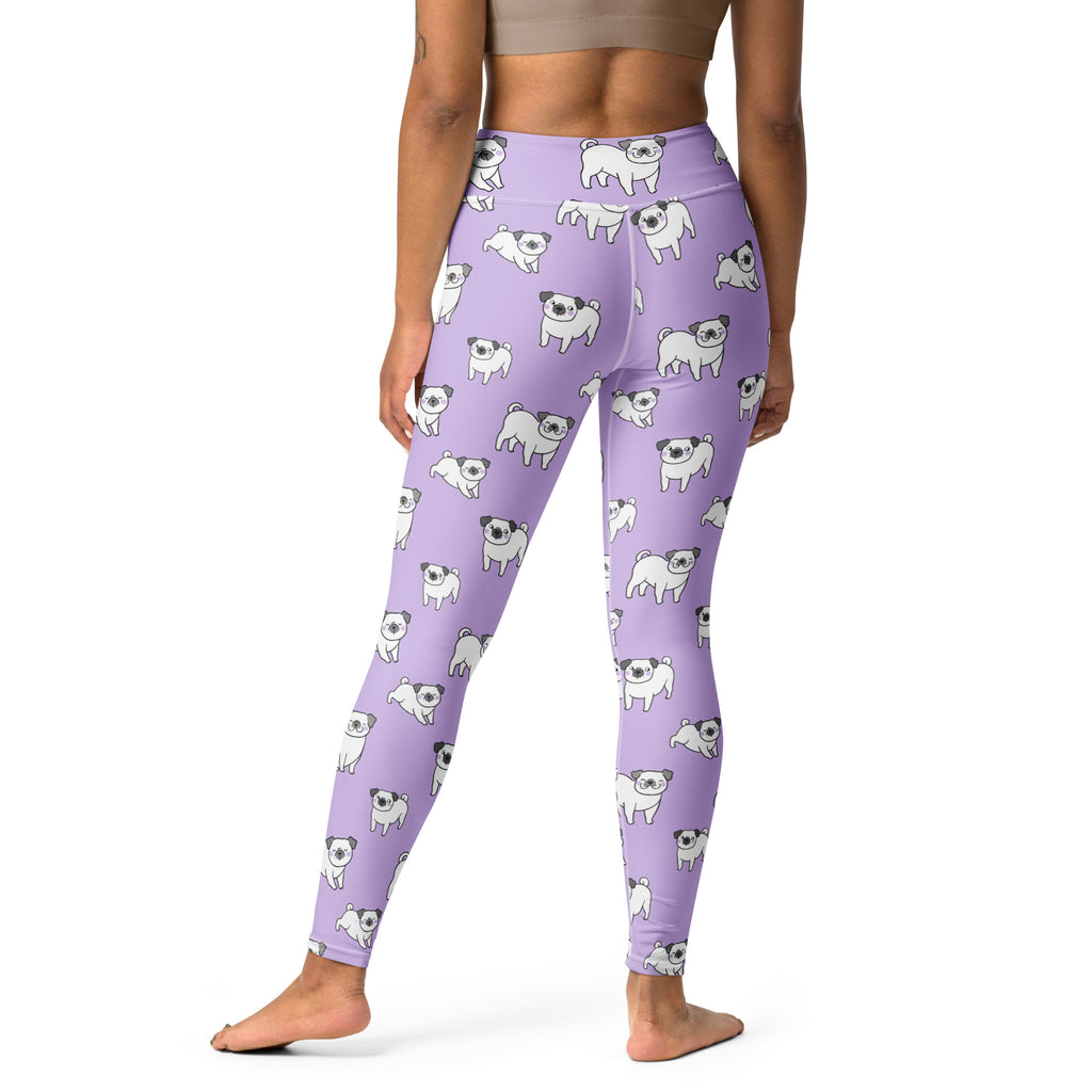Women’s purple buttery soft yoga leggings with white cartoon pug pattern perfect for comfortable workouts
