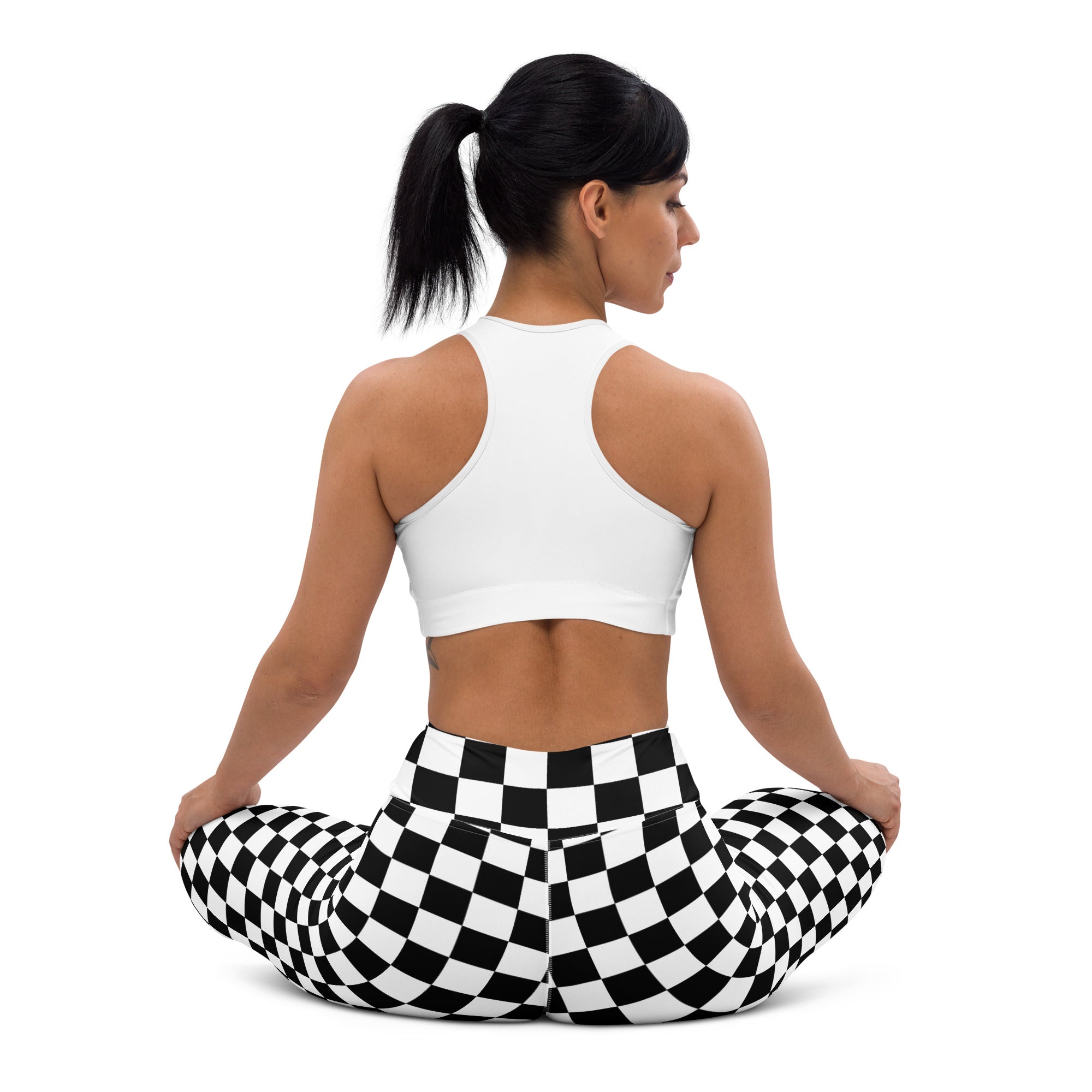 Women’s checkerboard buttery soft yoga leggings in black and white checkered high-waisted design