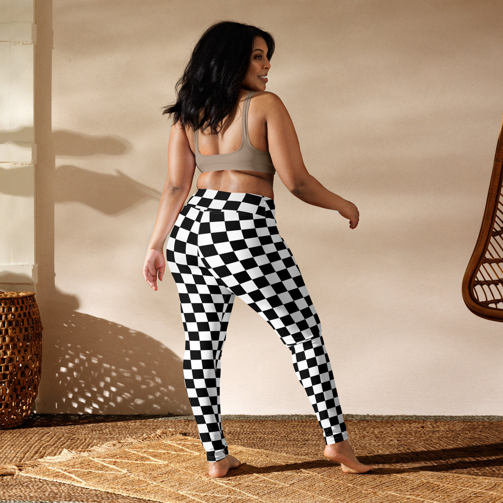 Black and white checkered high-waisted buttery soft yoga leggings for women in a front view