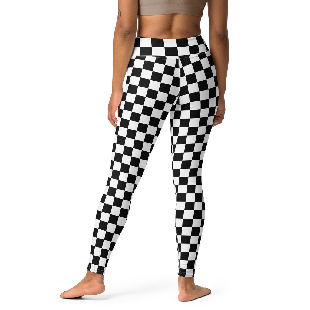Women’s black and white checkered high-waisted buttery soft yoga leggings shown from the back side