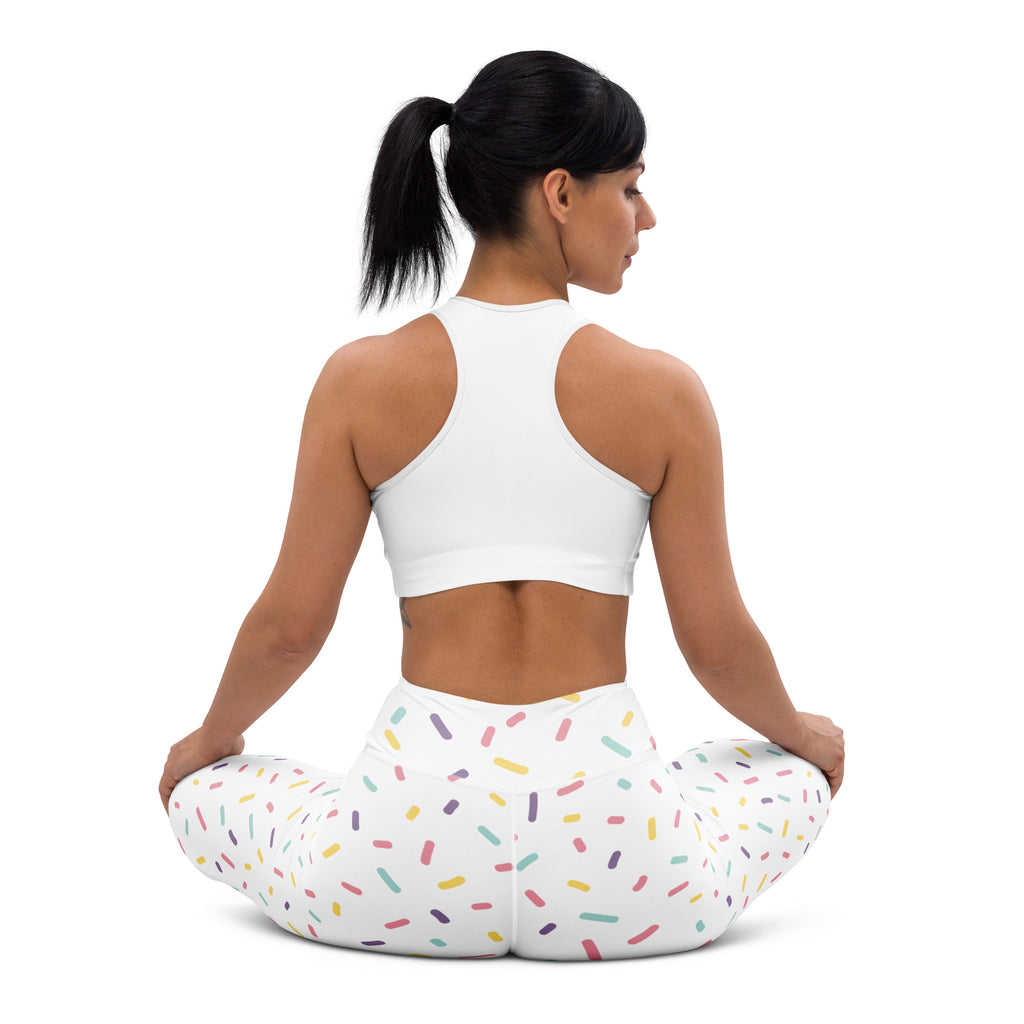 White buttery soft women’s yoga leggings with a colorful sprinkles pattern perfect for activewear and comfort
