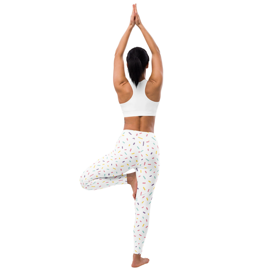 White buttery soft yoga leggings with a playful pattern of multicolored sprinkles for women