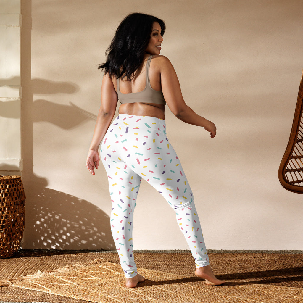 White buttery soft women’s yoga leggings with colorful multicolored sprinkle pattern for playful style