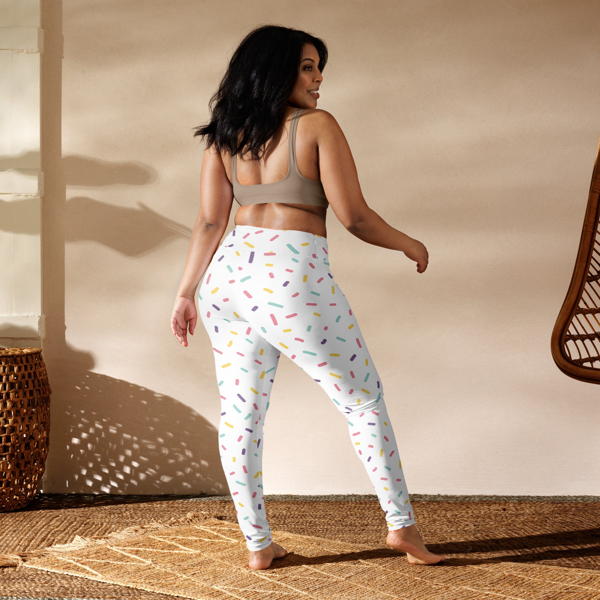 White buttery soft women’s yoga leggings with colorful multicolored sprinkle pattern for playful style