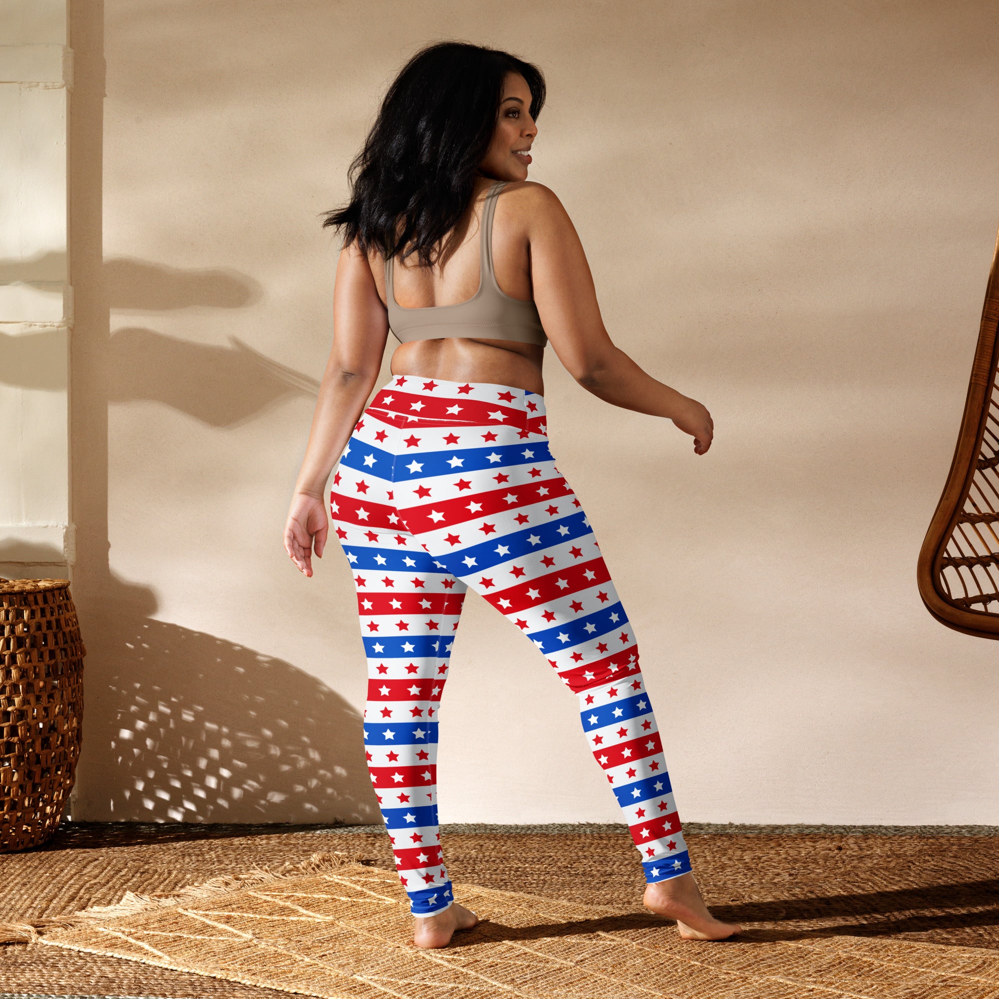 Women’s usa stars and stripes buttery soft yoga leggings in red white and blue striped pattern with stars