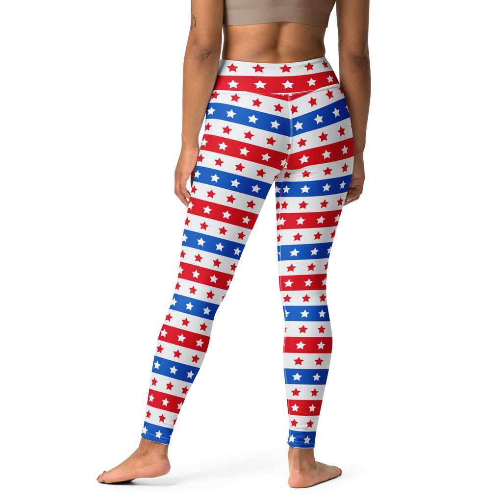 Women’s USA stars and stripes buttery soft yoga leggings with red white and blue striped star design