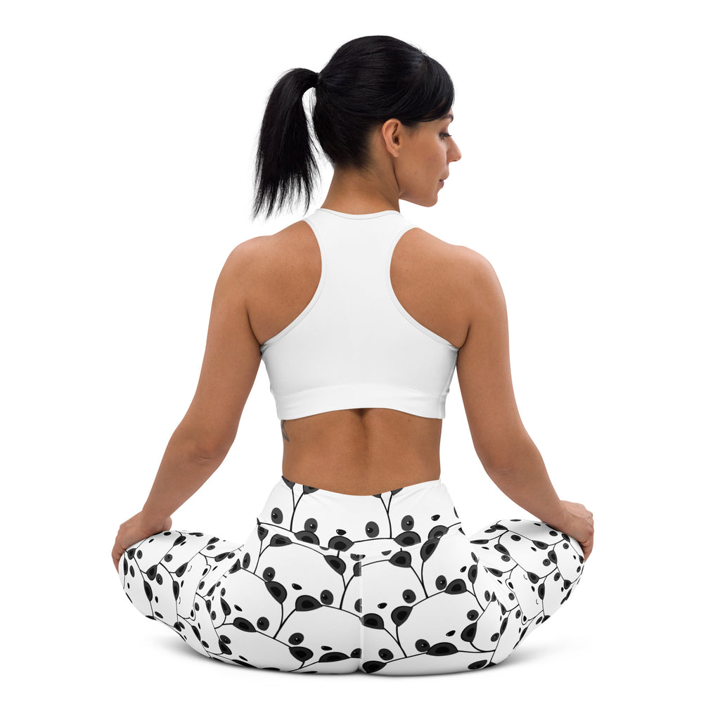 Women’s panda buttery soft yoga leggings in white with a black leafy vine pattern and a soft comfortable fabric