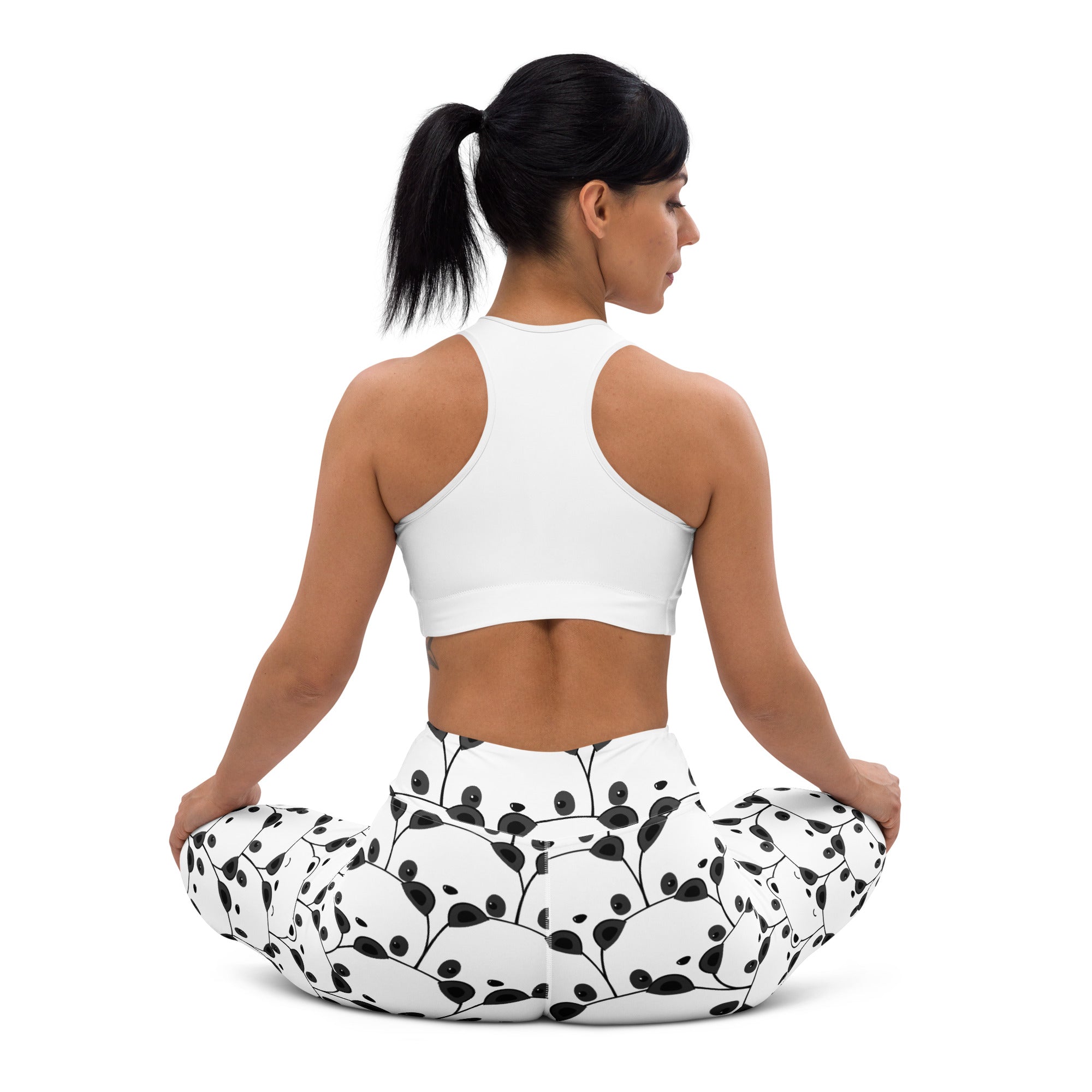 Women’s panda buttery soft yoga leggings in white with a black leafy vine pattern and a soft comfortable fabric
