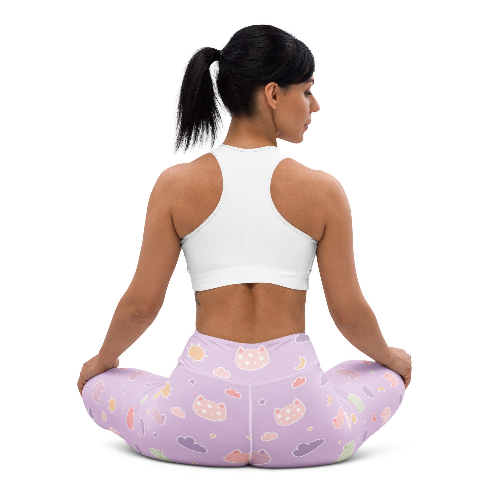 Women’s pastel purple kawaii cats and clouds buttery soft lavender leggings with playful moon pattern