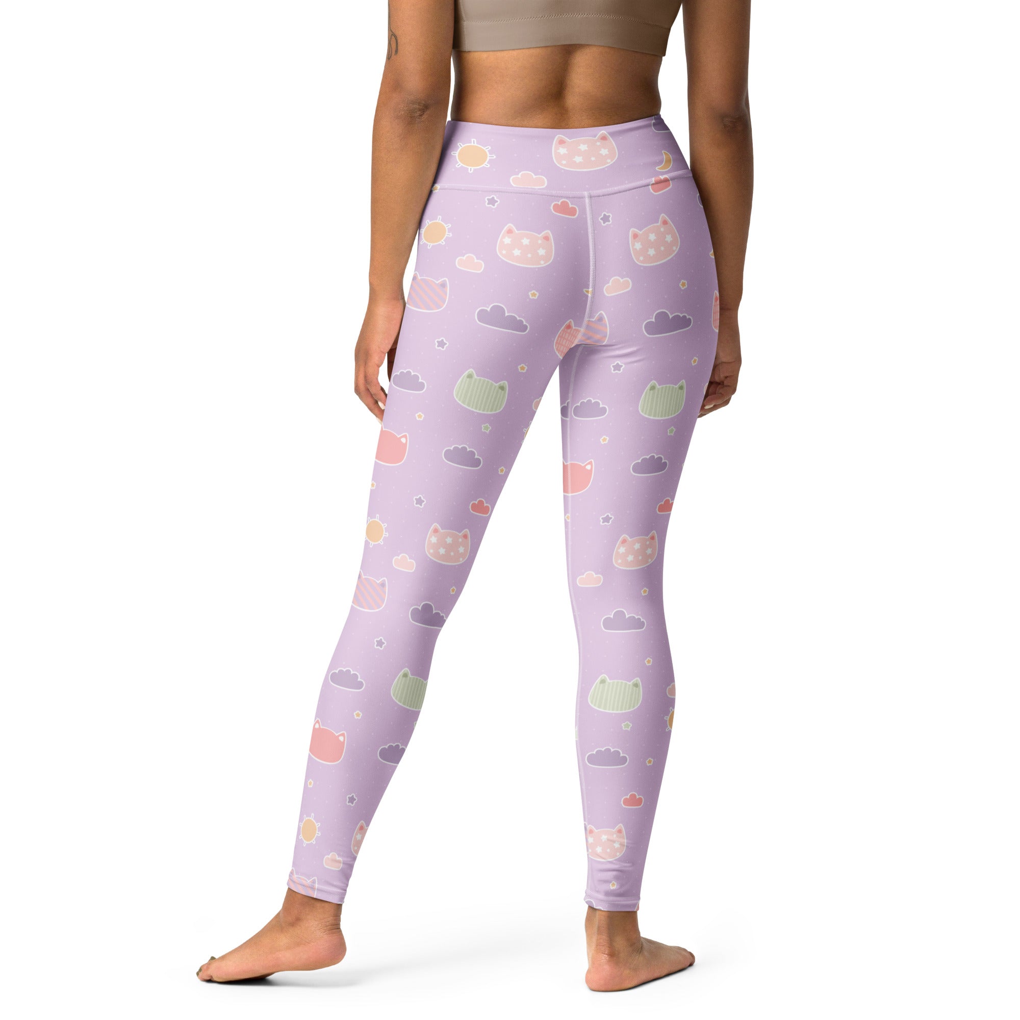 Lilac high-waisted buttery soft yoga leggings with a playful pastel cats and clouds pattern for women
