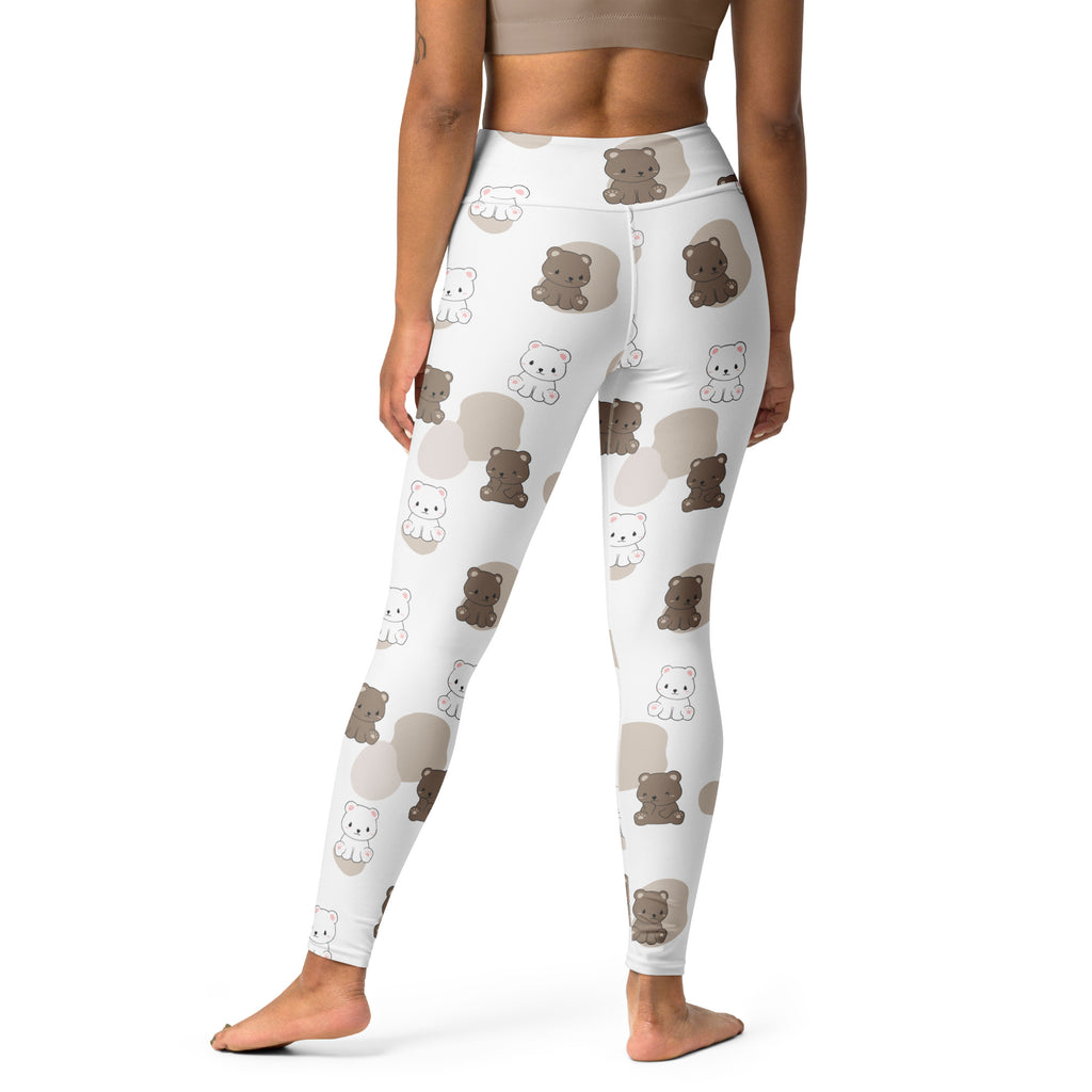 White women’s buttery soft yoga leggings with playful brown and white teddy bear pattern on beige circles