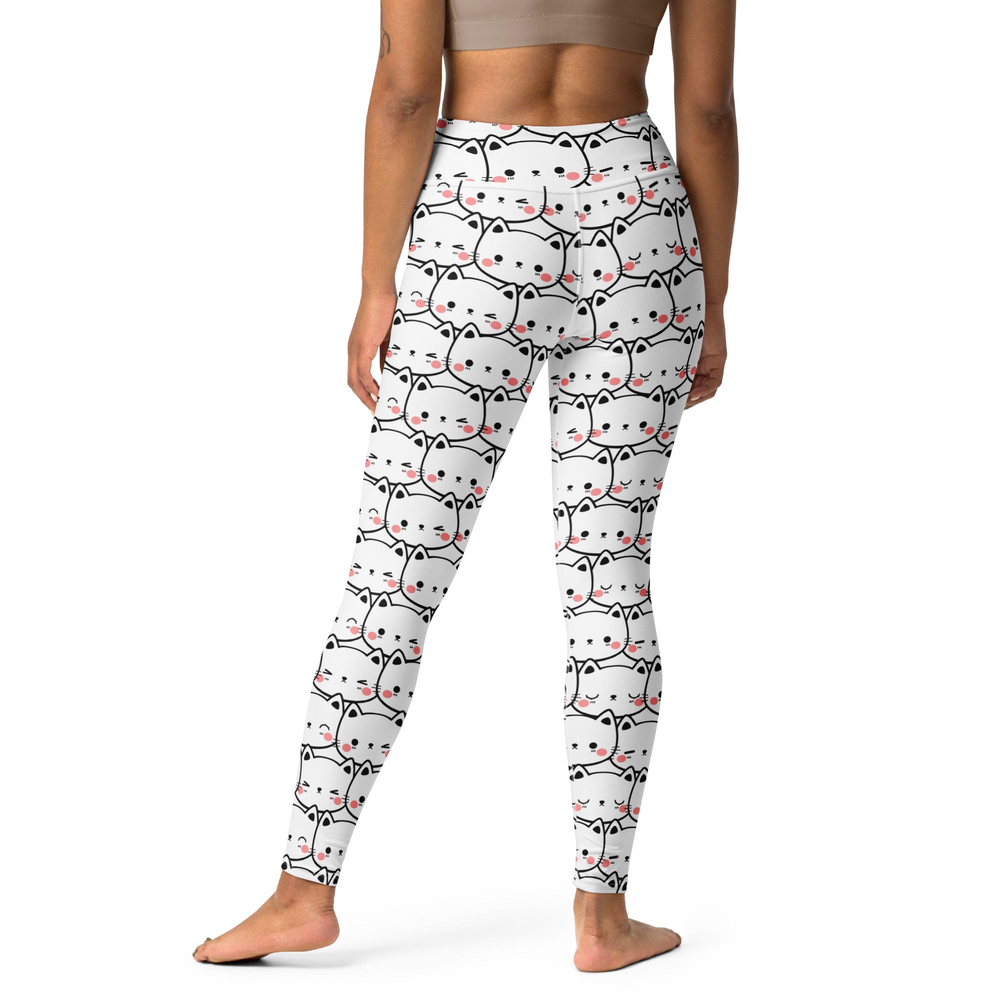 White buttery soft women’s yoga leggings with black outlined cartoon cats and pink cheeks print