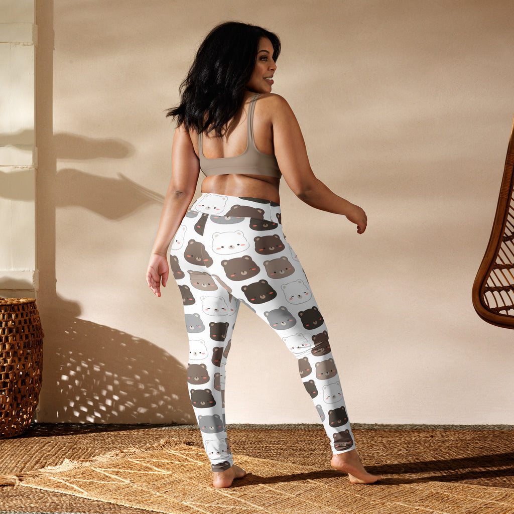 White buttery soft yoga leggings with playful brown and gray cartoon bear face pattern for women