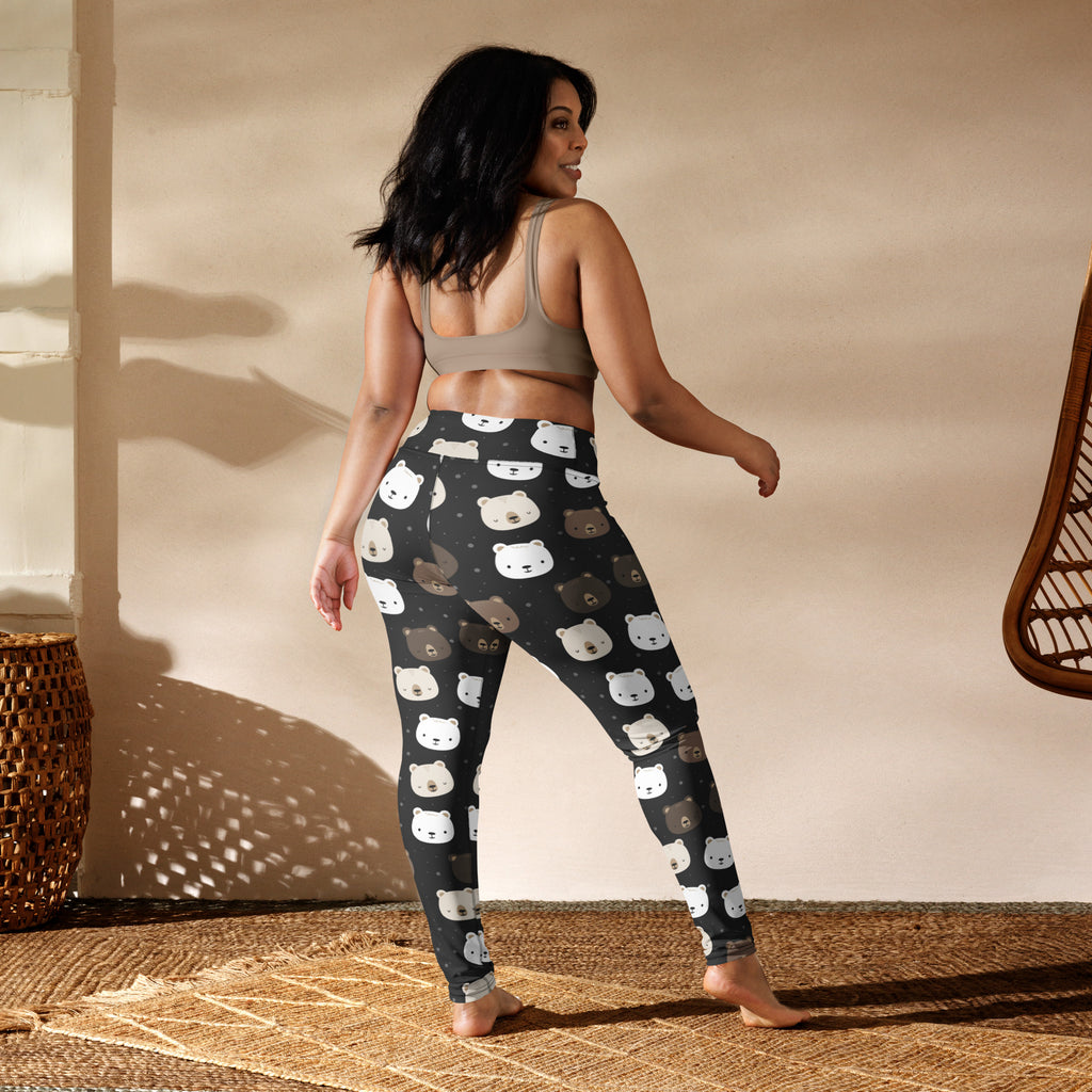 Women’s buttery soft black yoga leggings with playful white and brown bear face pattern