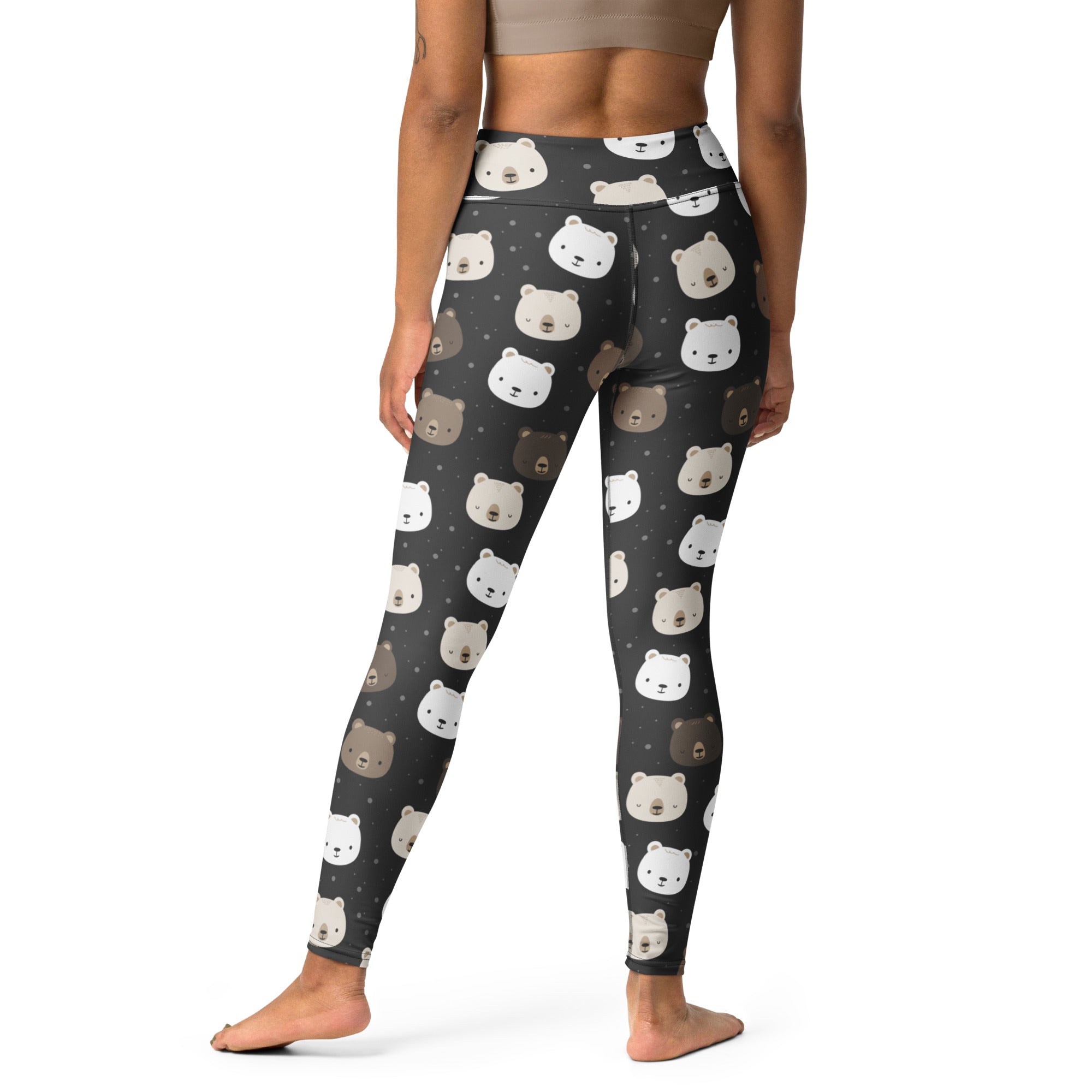 Dark gray womens buttery soft yoga leggings with a playful pattern of white and brown cartoon bear faces