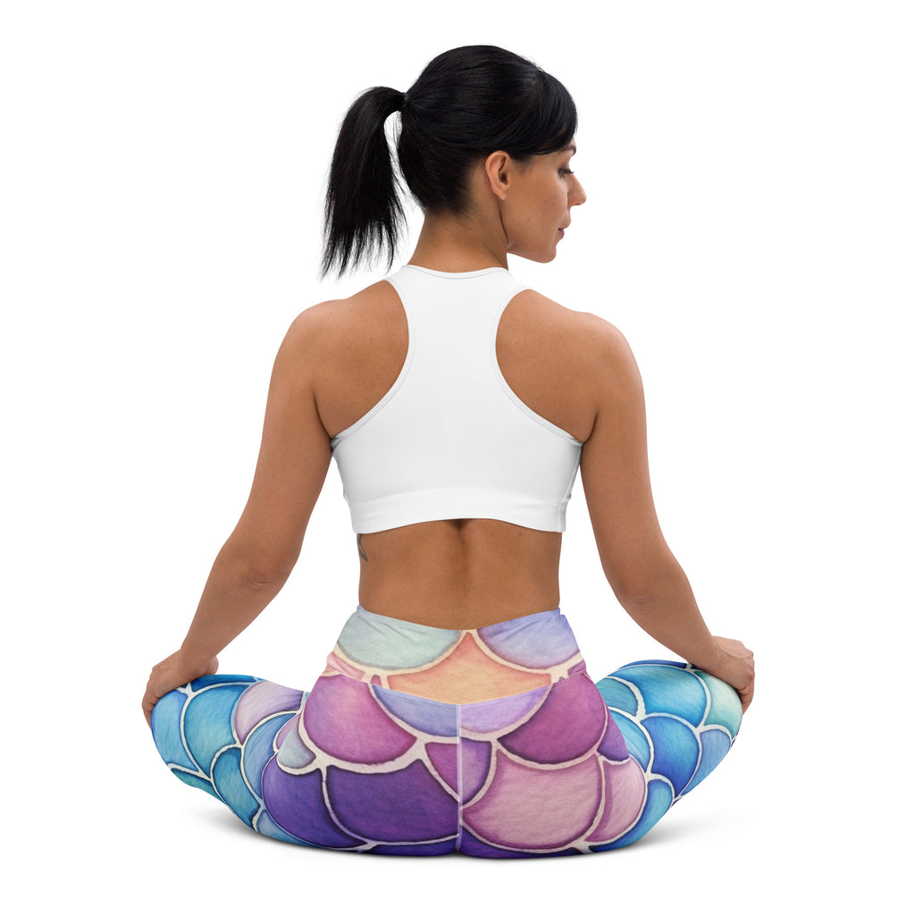 Women’s watercolor mermaid buttery soft yoga leggings with mermaid scale pattern in gradient blue purple and pink hues