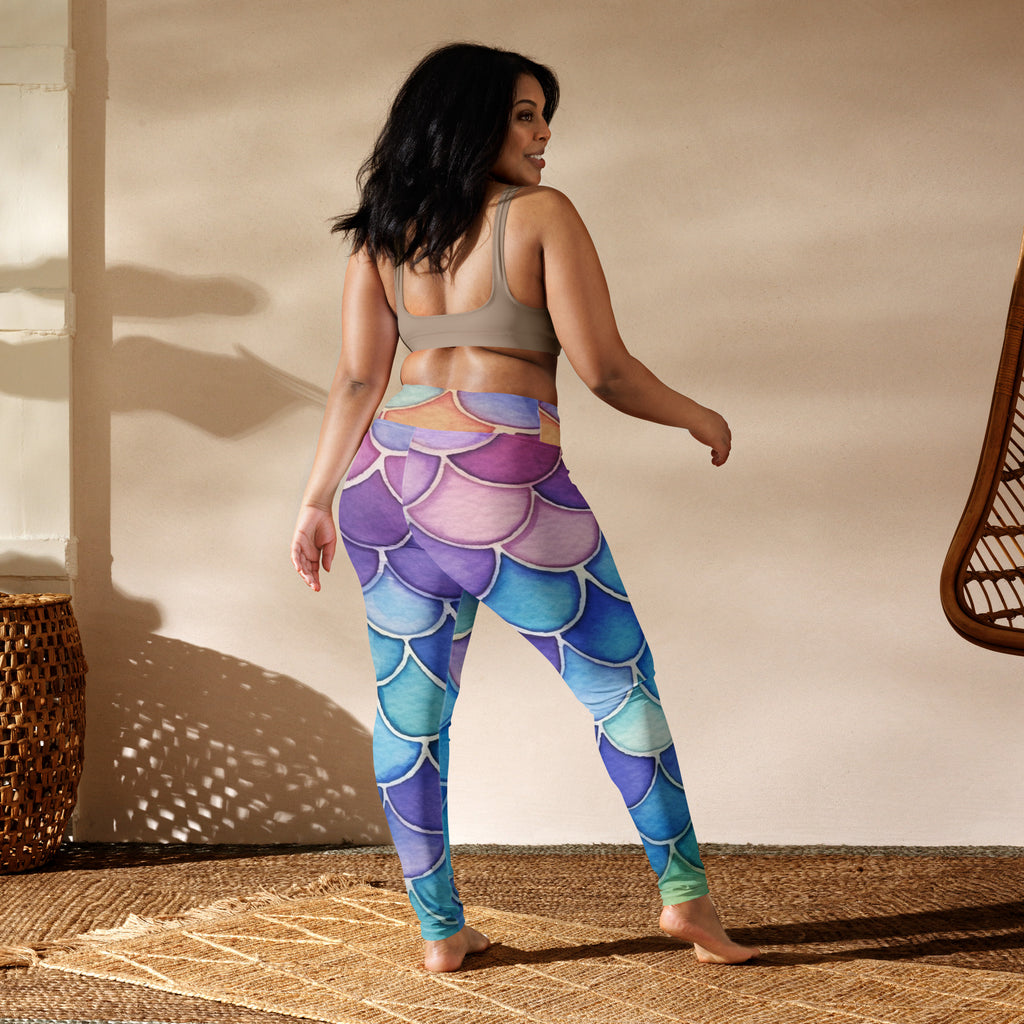 Women’s watercolor mermaid buttery soft yoga leggings with mermaid-scale pattern in purple blue and teal gradient colors