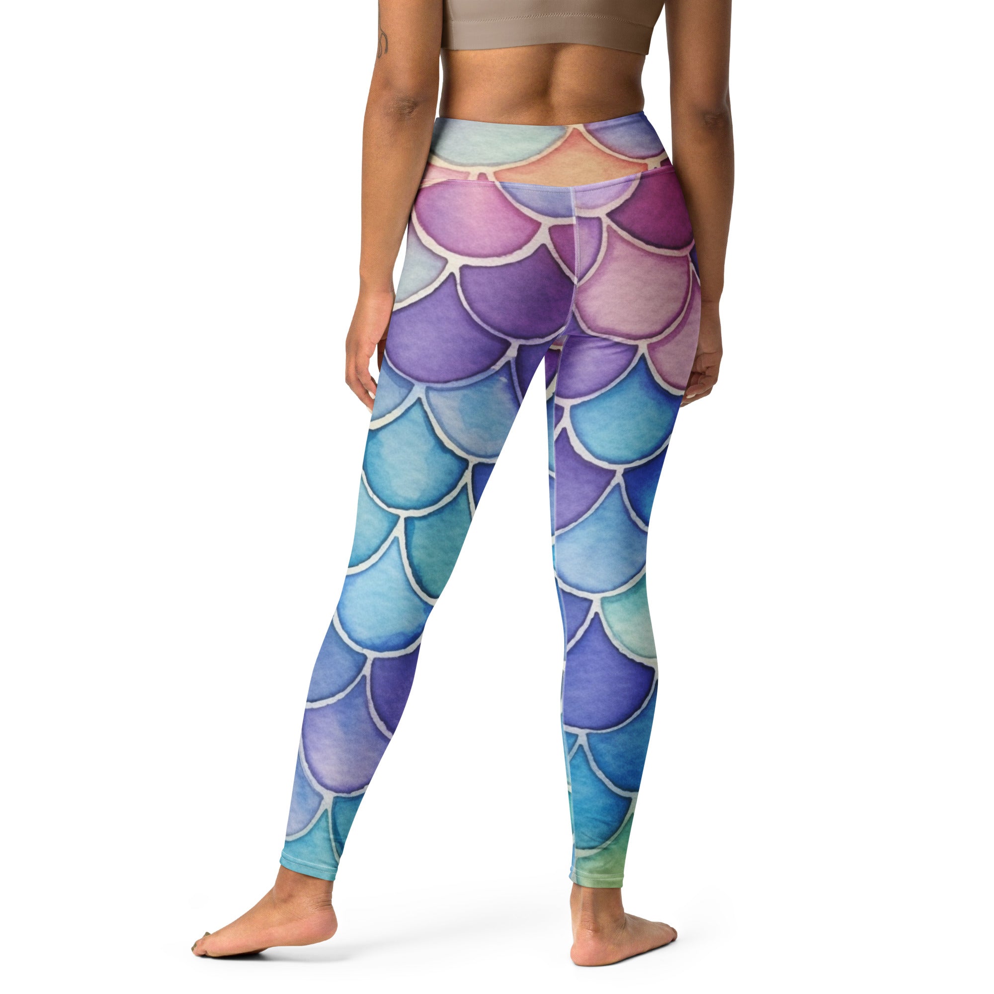 Women’s watercolor mermaid buttery soft yoga leggings with mermaid-scale pattern in purple blue and teal gradient hues