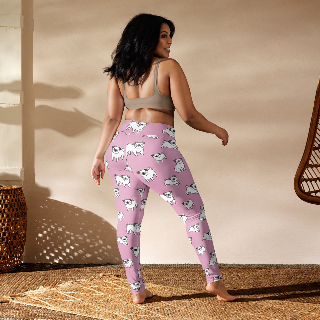 Women’s pink buttery soft yoga leggings with a repeating pattern of white pug illustrations