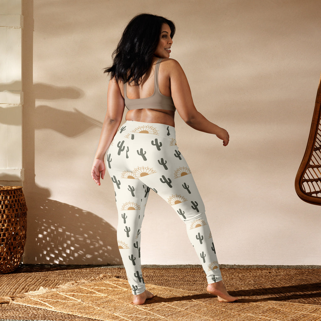 White buttery soft women’s yoga leggings with black cactus and gold sunburst desert sunrise pattern