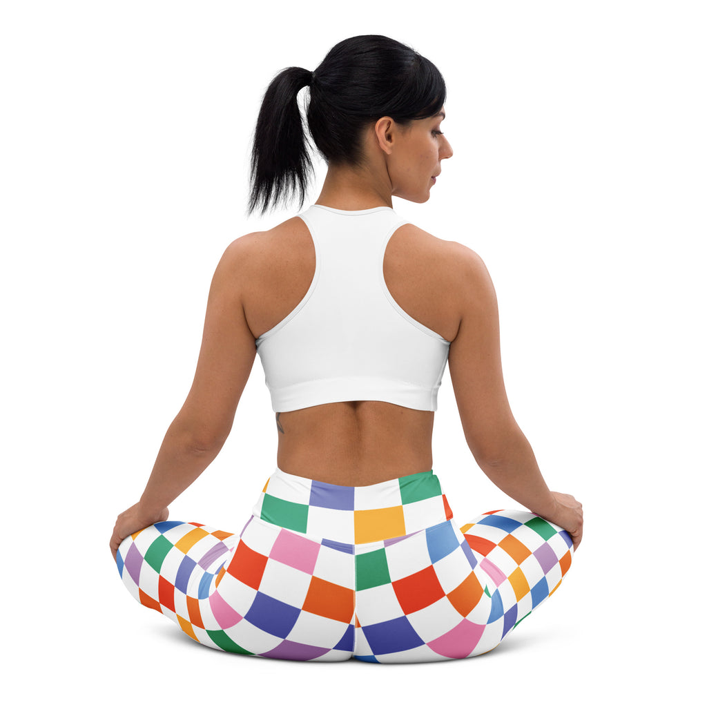 Women’s colorful checkered buttery soft yoga leggings in rainbow with a stretchy form-fitting design