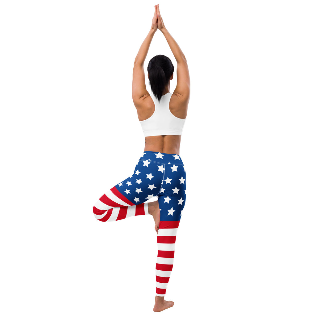 Women’s american flag buttery soft yoga leggings with blue star upper and red white striped lower legs