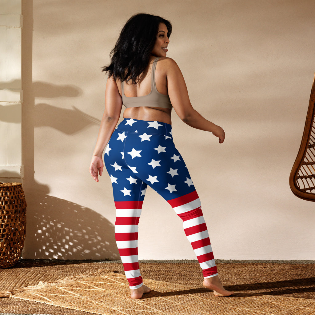 Women’s american flag buttery soft yoga leggings in blue red and white with stretchy fabric design