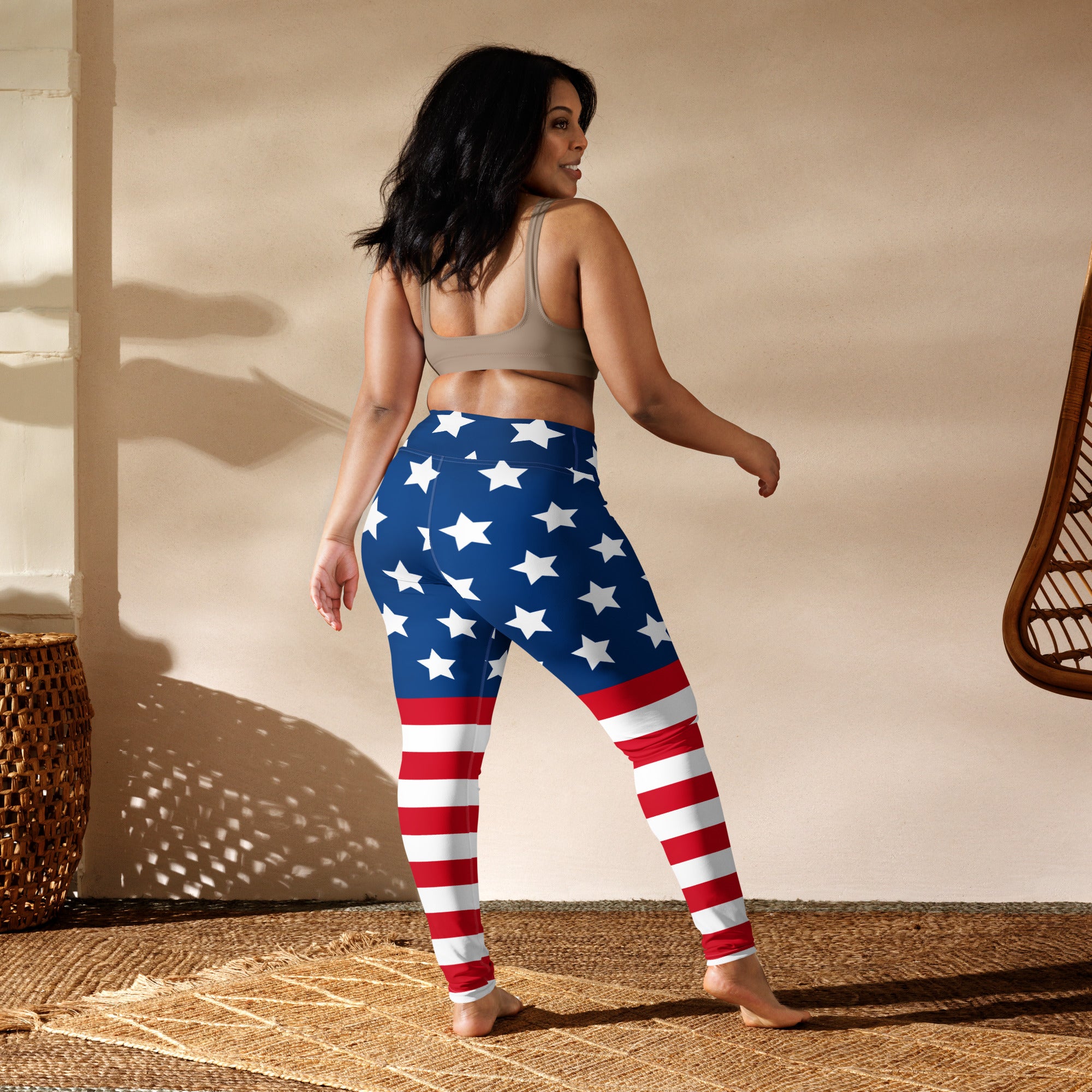 Women’s american flag buttery soft yoga leggings in blue red and white with stretchy fabric design