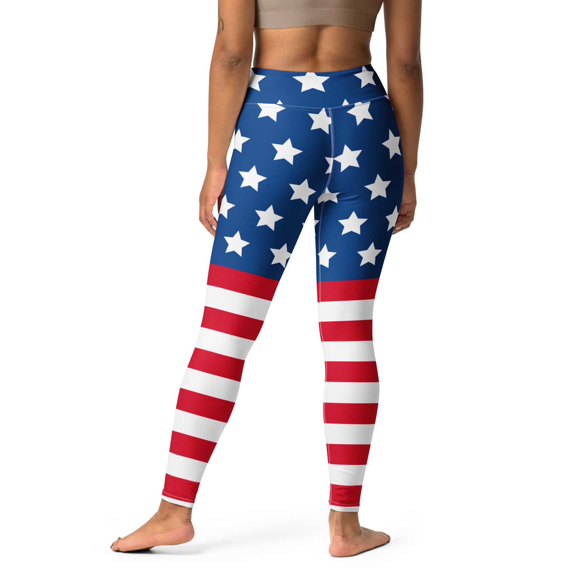 Women’s american flag buttery soft yoga leggings in blue and red with white stars high-waisted design