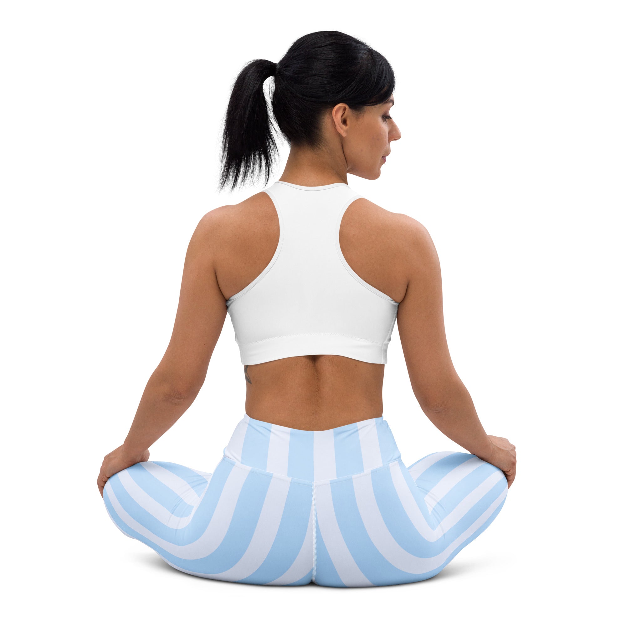 Women’s light blue and white striped high-waisted buttery soft yoga leggings perfect for workouts and casual wear