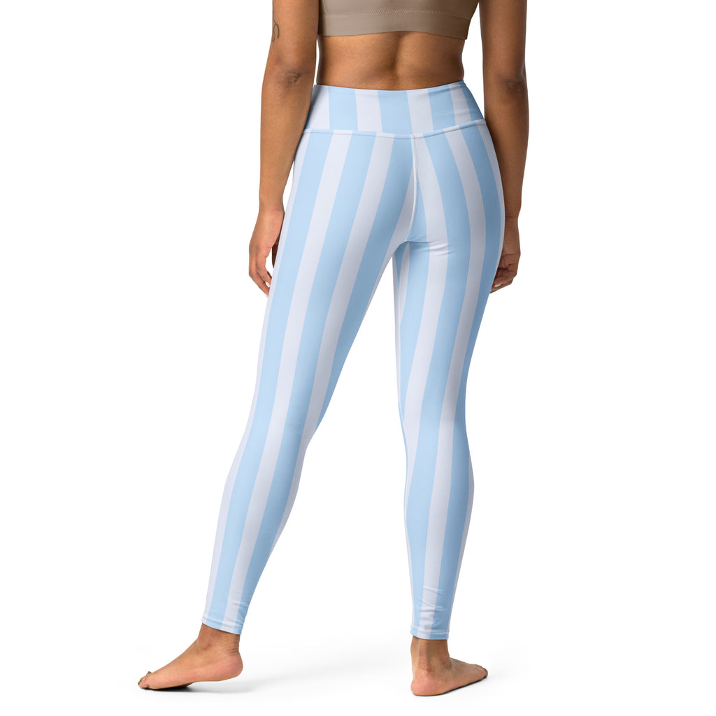 Women’s light blue and white striped high waisted buttery soft yoga leggings shown from the front
