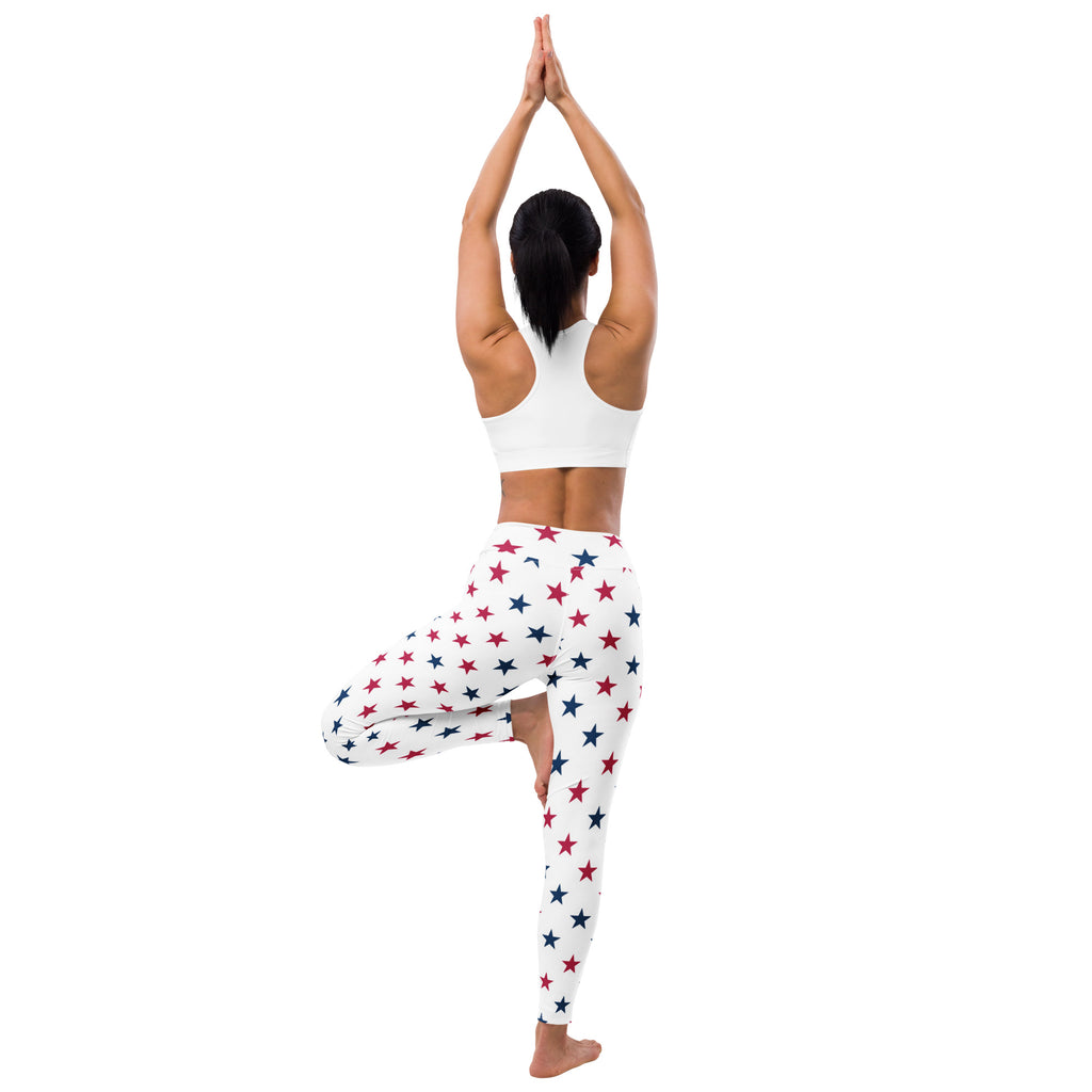 White buttery soft yoga leggings with red and navy blue star pattern for women