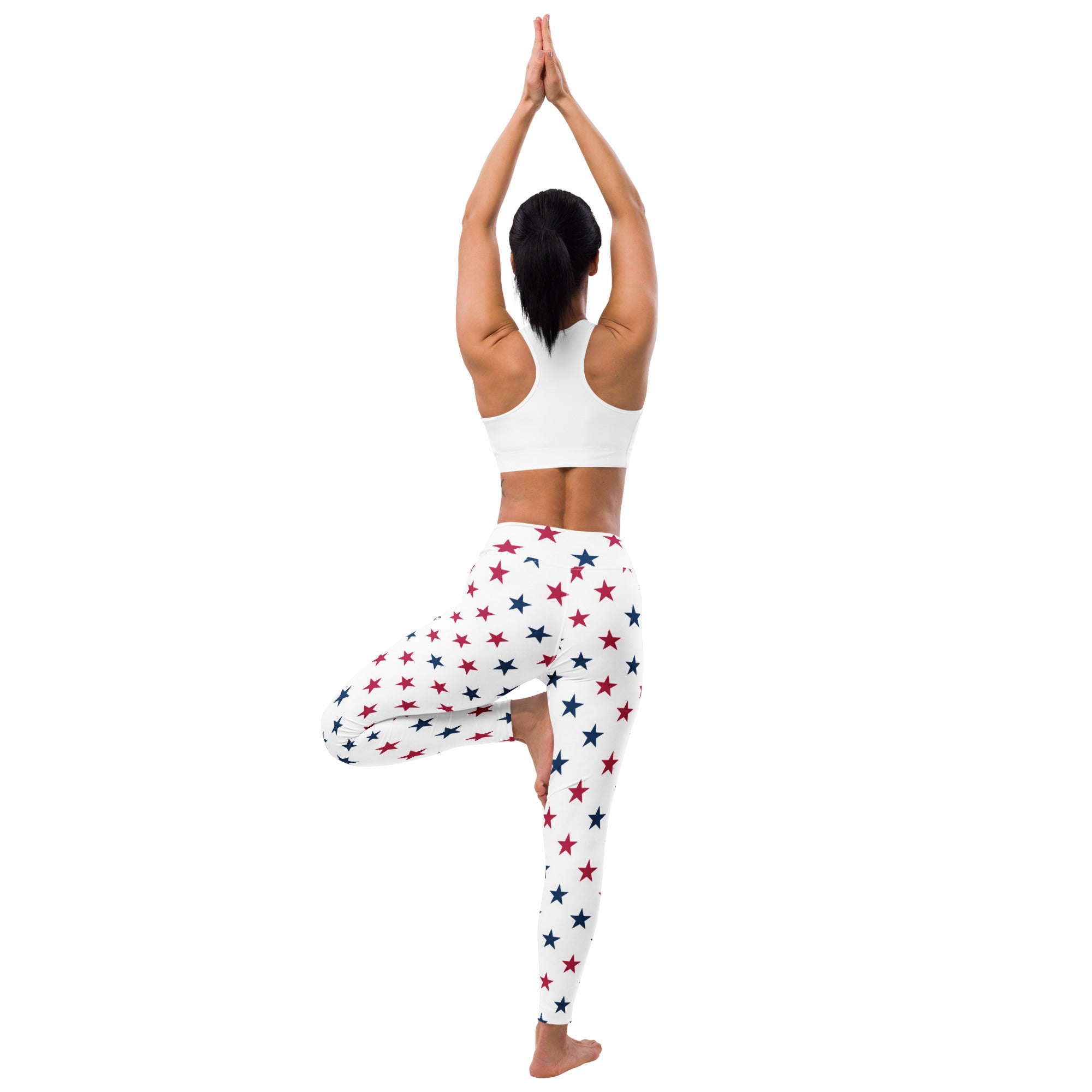 White buttery soft yoga leggings with red and navy blue star pattern for women