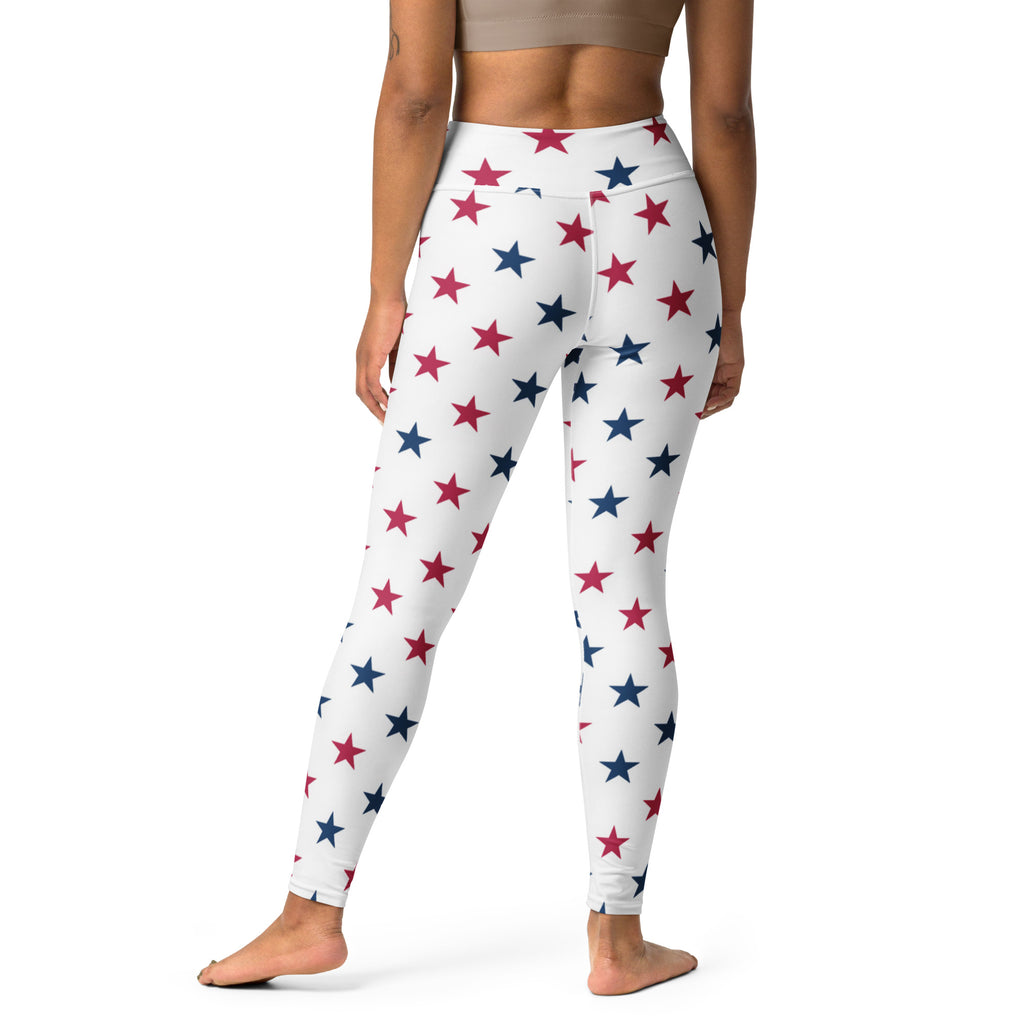 White high waisted buttery soft yoga leggings with a red and blue star pattern for women