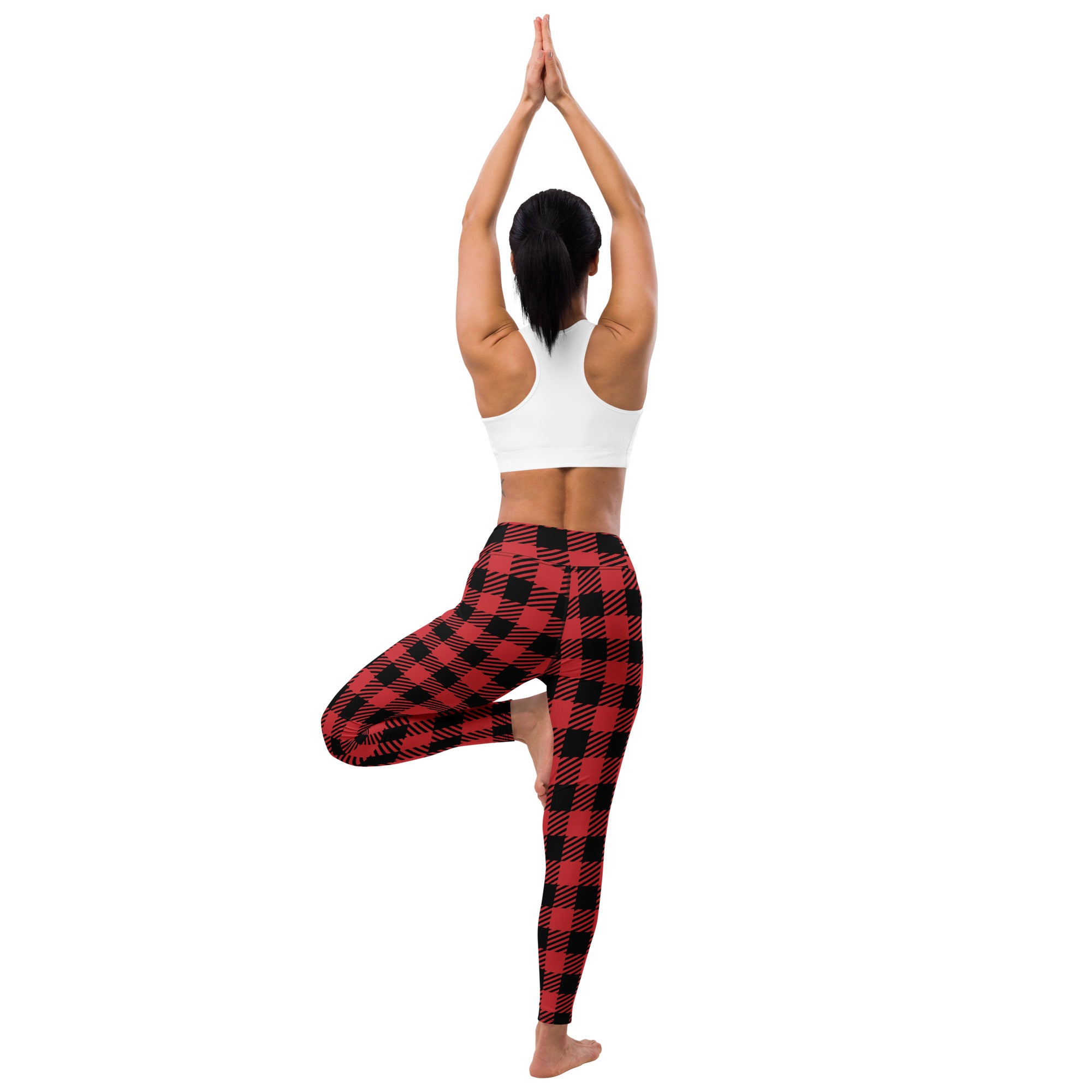 Women’s red buffalo plaid buttery soft yoga leggings in red and black plaid pattern for comfortable workouts