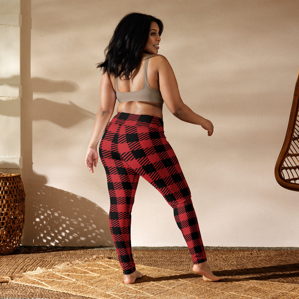 Women’s red buffalo plaid buttery soft yoga leggings featuring red and black plaid pattern for comfortable workouts