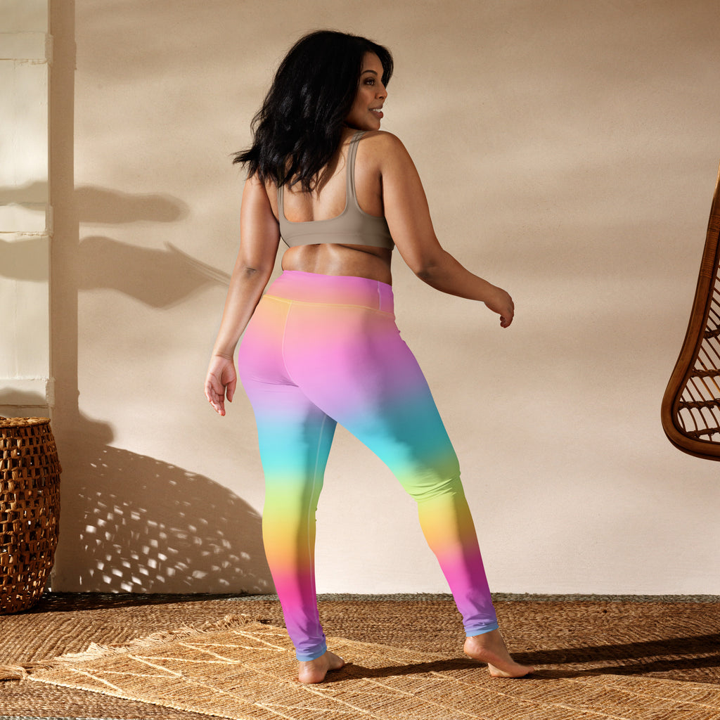 Women’s bright rainbow buttery soft yoga leggings in a smooth stretchy fabric featuring a vibrant rainbow gradient